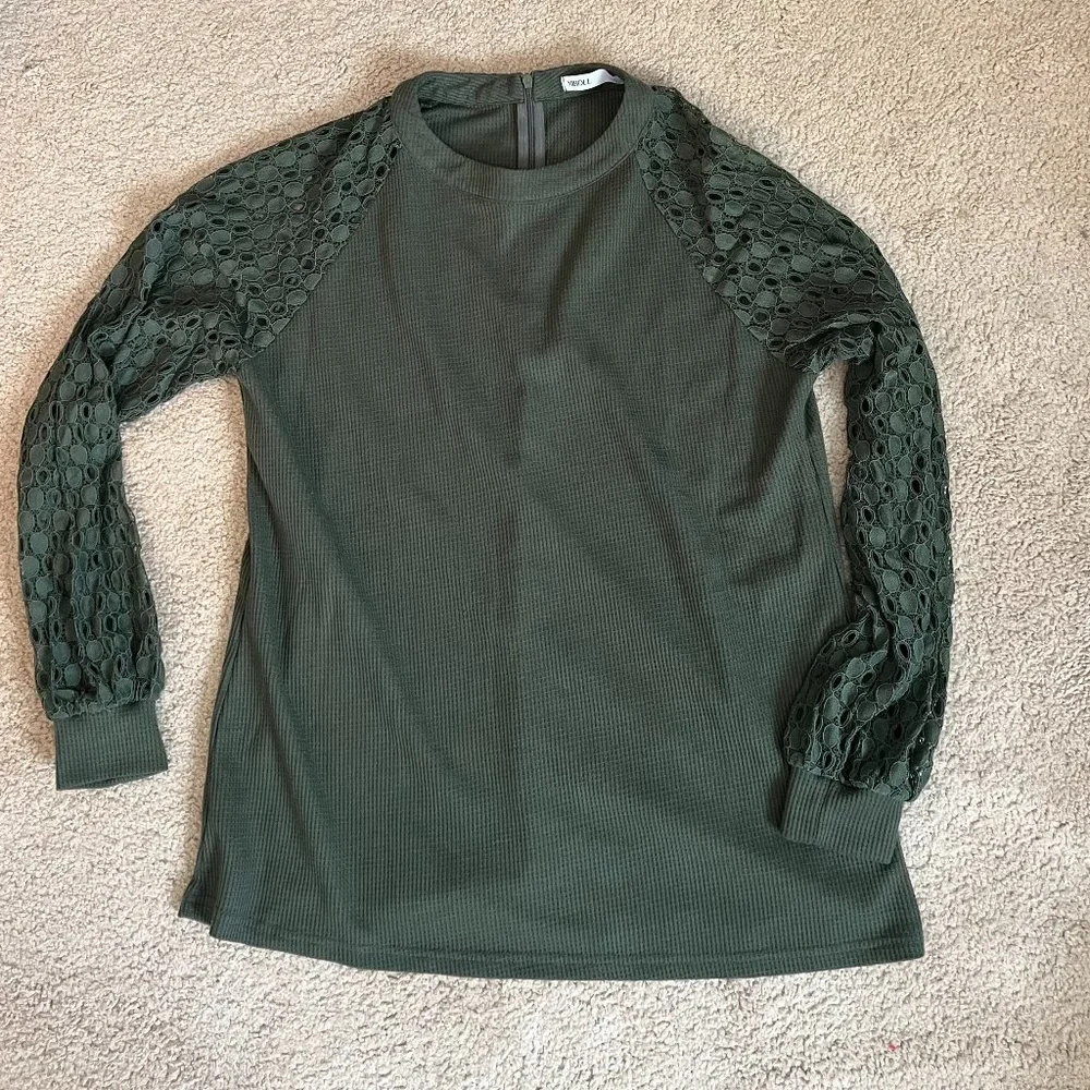 Miholl *Olive Green* Long Sleeve Top | Balloon Lace Sleeves | Zip Closure | EUC - Picture 1 of 10